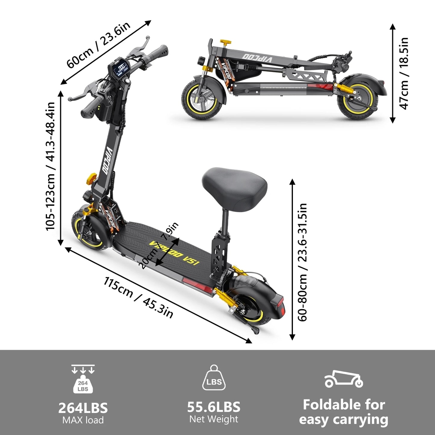 VIPCOO VS1 Electric Scooter – 700W Motor, 48V 13AH Battery, Portable Folding with 10” Off-Road Air Tires