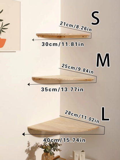 Wooden Floating Corner Wall Shelf – Round End, Wall-Mounted for Bedroom, Living Room & Kitchen