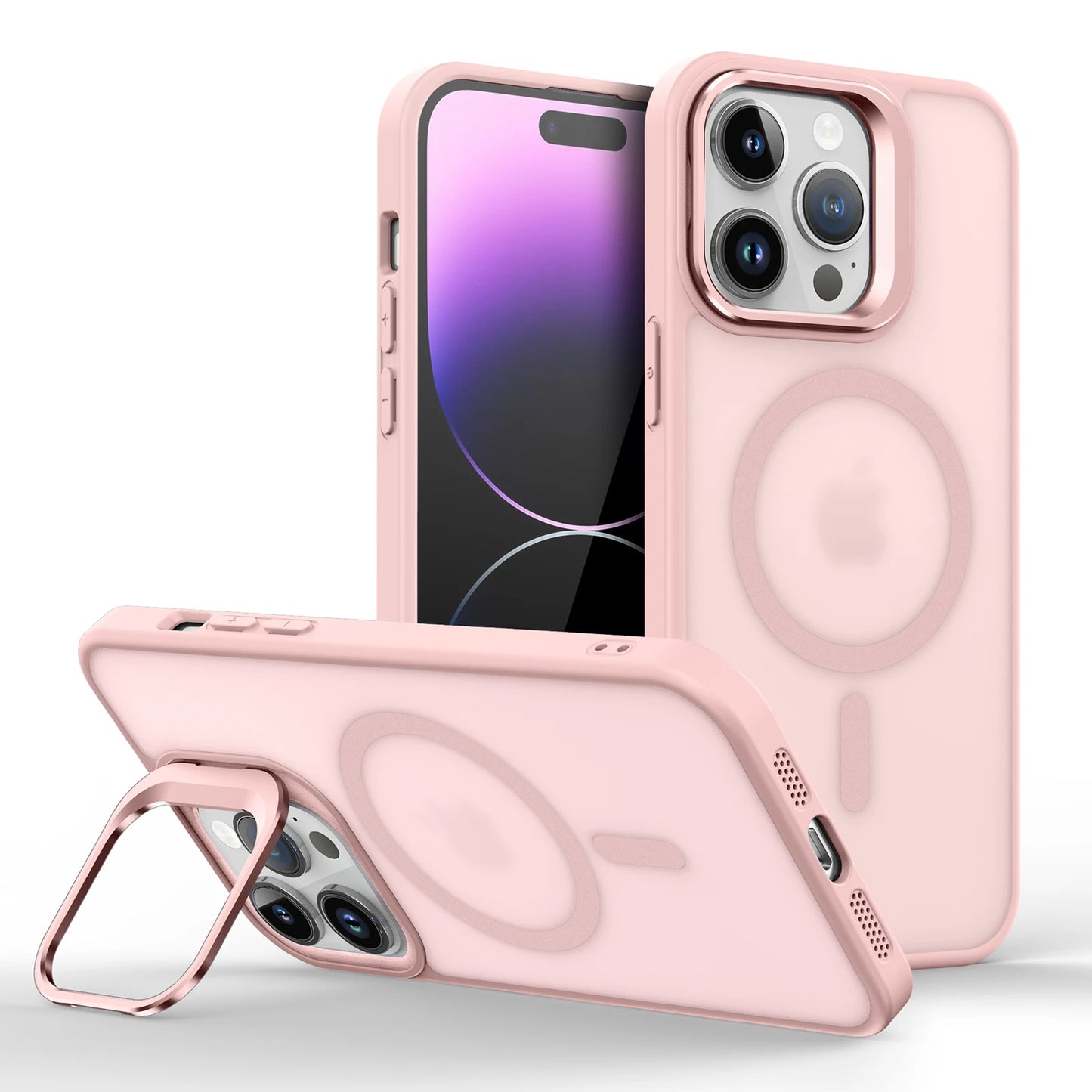 Magnetic Metal Lens Stand for iPhone 11–17 – MagSafe Compatible Matte Wireless Charging Case Holder