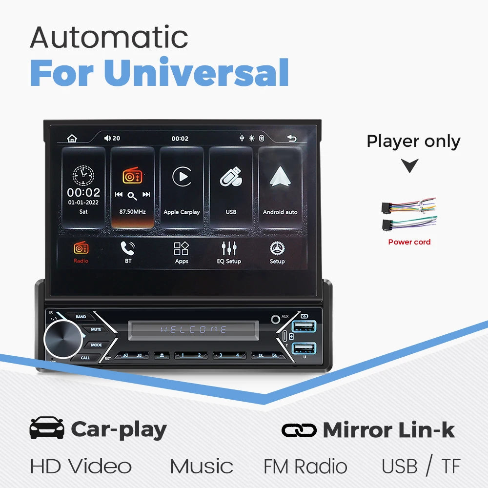 Carplay Android Auto 1 Din MP5 Player - 7 Inch Retractable Touch Screen, FM Radio, Mirror Link, Manual & Automatic Car Player