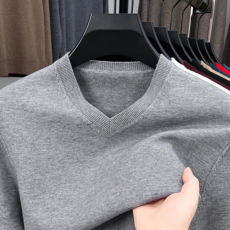 Men's V-Neck Knit Sweater - Solid Color Warm Elastic Oversized Autumn Pullover Casual Top