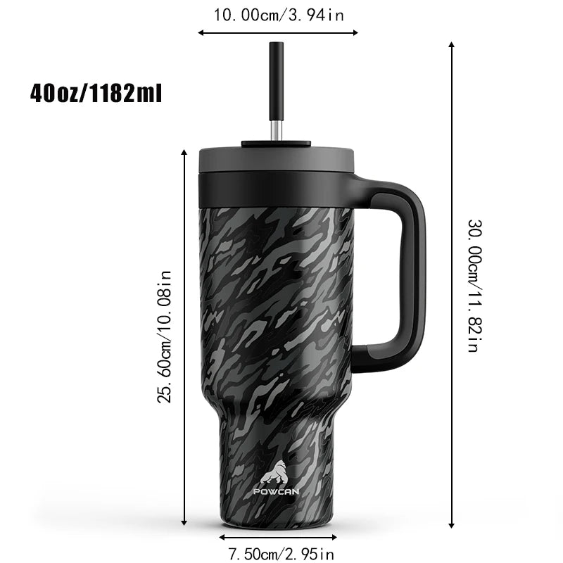 Powcan 40oz Stainless Steel Tumbler with Handle & Straw – Camouflage Prints, Leak-Proof Vacuum Travel Mug for Outdoors