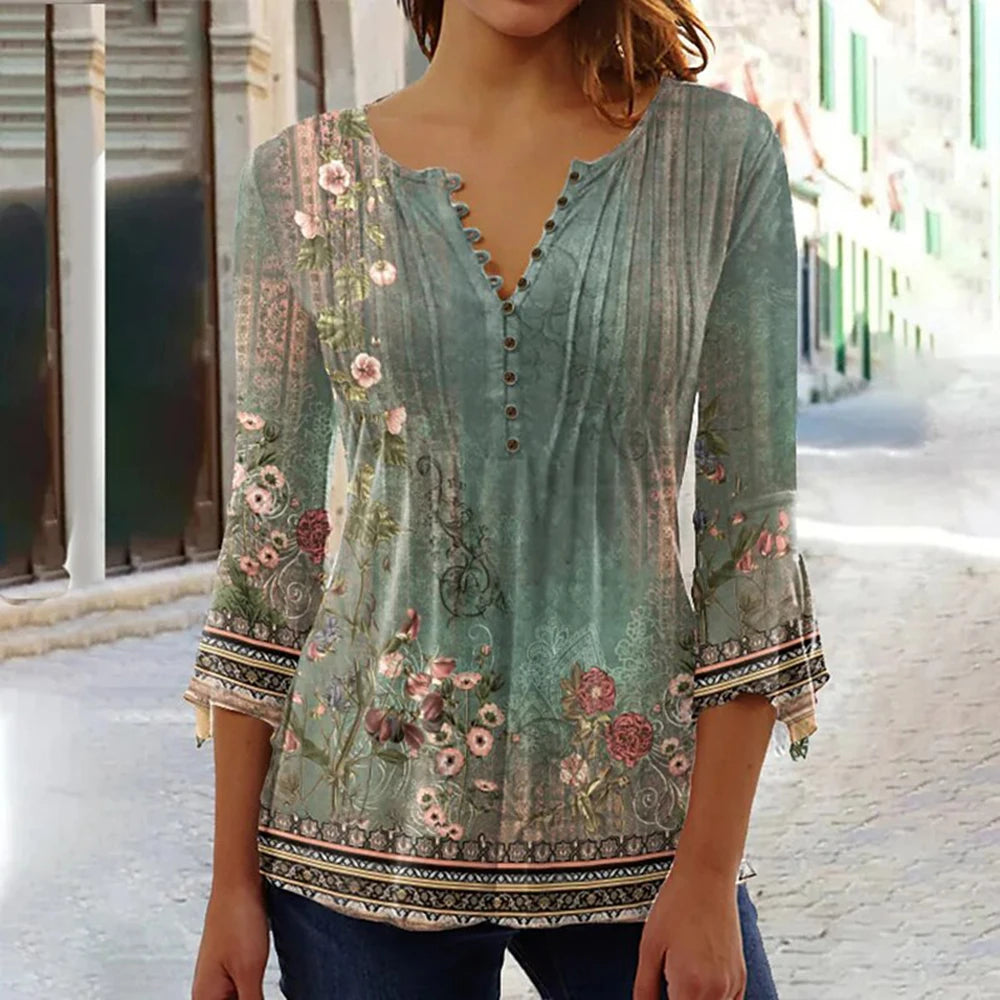 2024 Trendy 3D Printed Women’s Blouse Shirt – V Neck Button-Up 3/4 Sleeve Elegant Spring Summer Fashion Top