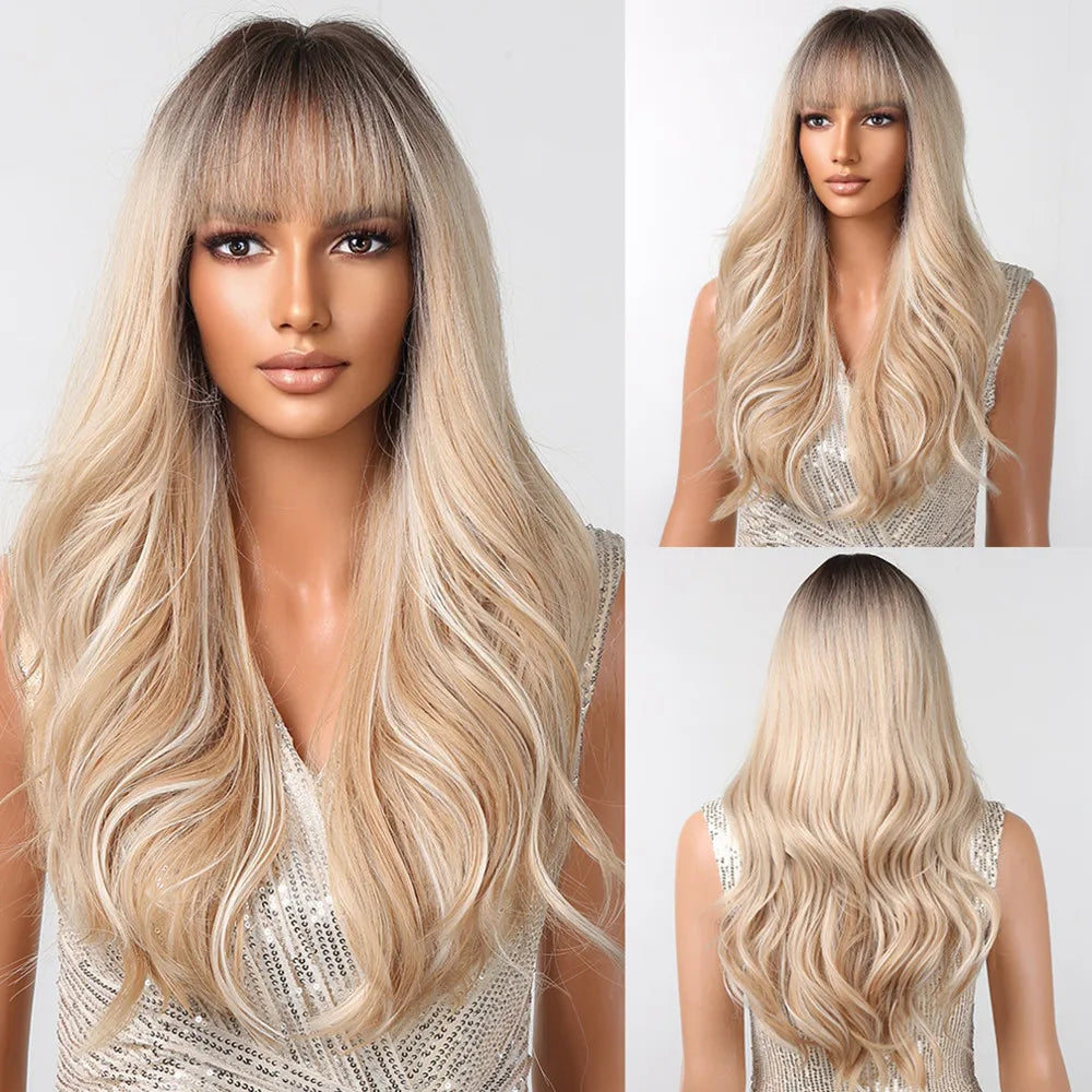 Ombre Honey Brown Long Synthetic Wig with Bangs — Wavy, Realistic, Soft, Heat-Resistant Hair for Daily & Party