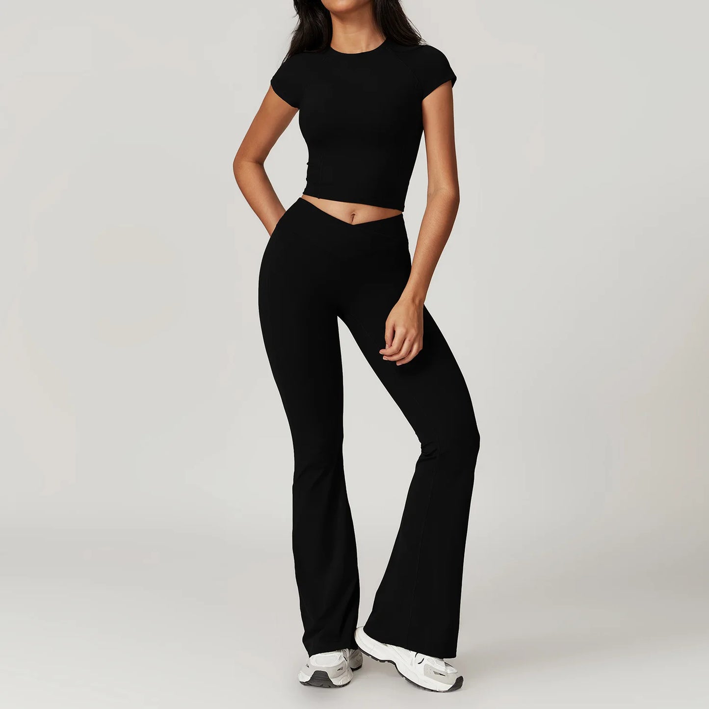Women’s 2PCS Sportswear Yoga Set – Short Sleeve Crop Top & High Waist Leggings for Gym & Fitness