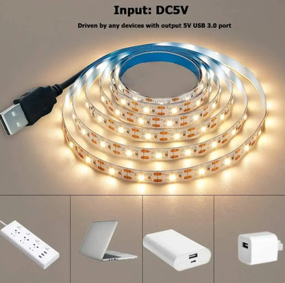 DC 5V USB LED Strip Light 2835 White & Warm White Flexible Tape Light for TV Backlight Home Decor and Ambient Lighting 1–5m