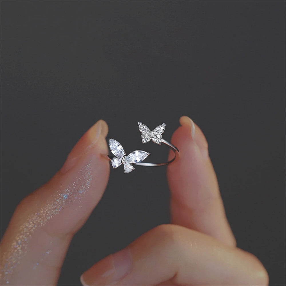 Acrylic Crystal Butterfly Ring - Adjustable Silver-Tone Zircon Fashion Ring for Women, K-Pop Party Jewelry