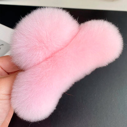 Winter Fuzzy Hair Claw for Women – Warm Fluffy Natural Rex Rabbit Fur Hair Clip, Elegant Fashion Party Accessory
