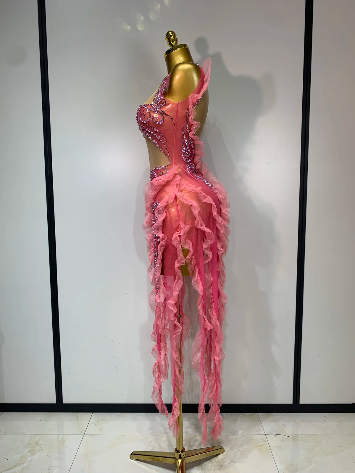 Shining Rhinestone Tassel Mesh Dress - Sheer Evening Party & Stage Performance Outfit