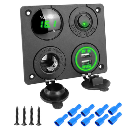 4-in-1 12V/24V Dual USB Power Adapter Panel 3.1A with LED Voltmeter & Rocker Switch for Car, RV, Truck & Marine Use