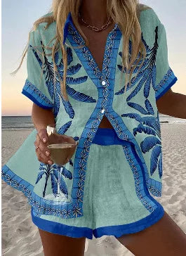 Women’s Summer 2-Piece Set – Lapel Short-Sleeve Shirt & Shorts, Elegant Loose Printed Outfit