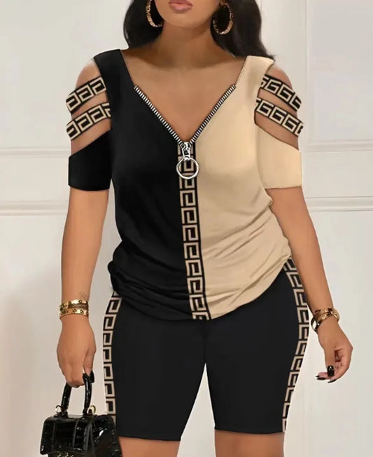 2025 Women’s Summer Two-Piece Set – Sexy Casual T-Shirt & Shorts Outfit, Loose Printed Top