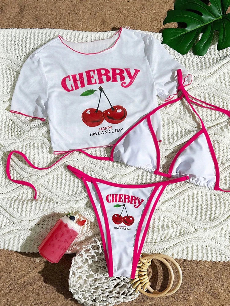 Cherry Print Bikini Set 2026 – Sexy 3-Piece Women’s Swimwear, Fresh Style Beach Bathing Suit, Available in 7 Colors (S–XL)
