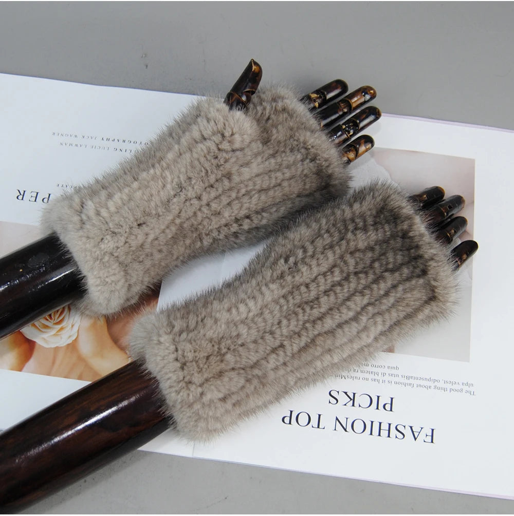 Women’s Winter Mink Fur Gloves – 100% Natural Fingerless Knitted Mittens for Warmth