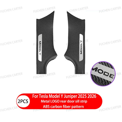 Tesla Model Y Juniper 2025–2026 Metal Logo Door Sill Protectors – Front and Rear Anti-Kick Threshold Guard Strips