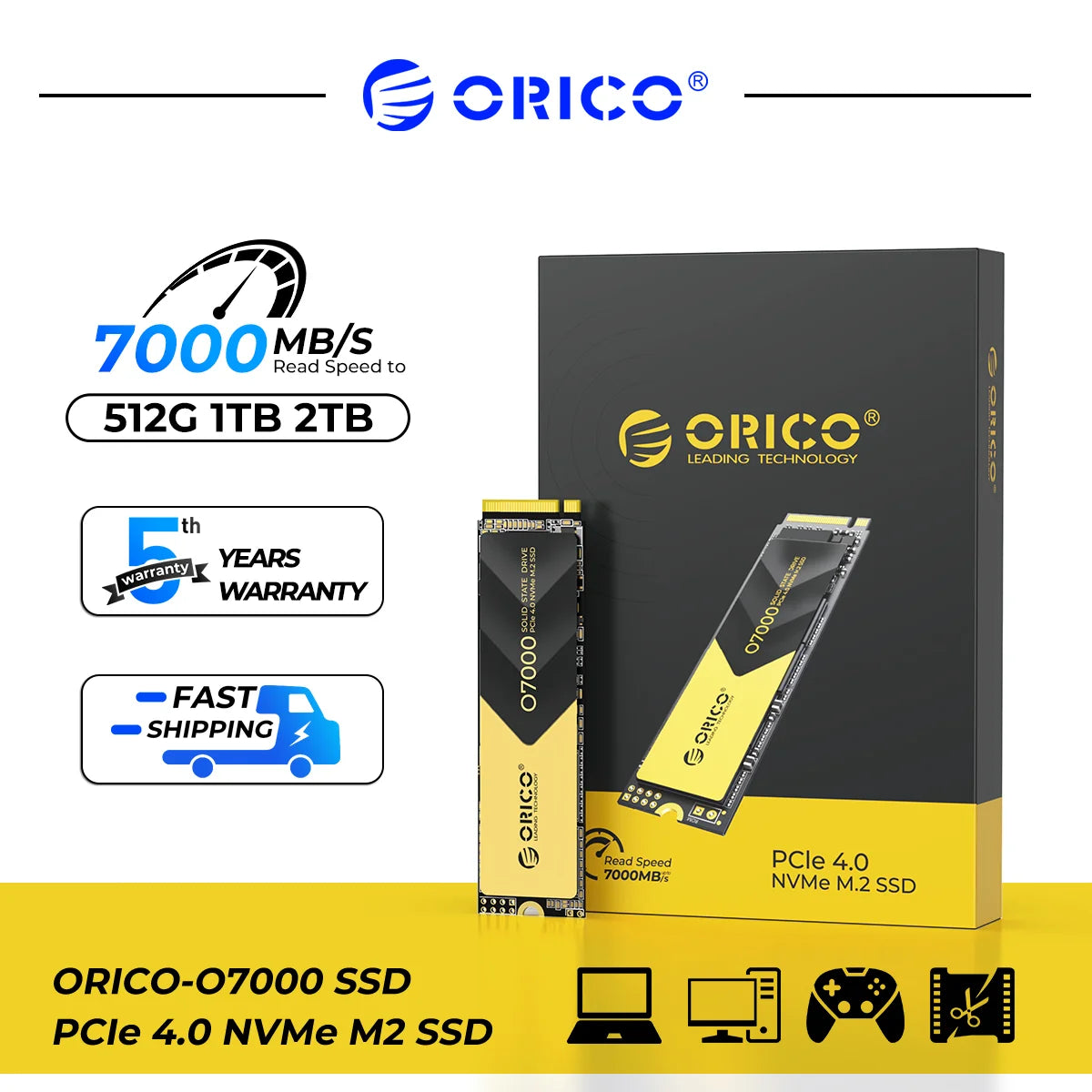 ORICO O7000 PCIe 4.0 7400MB/s M.2 NVMe SSD – Internal Solid State Drive for PS5, Gaming & Content Creators (M.2 M Key 2280)