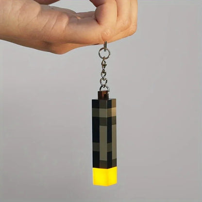 Glow-in-the-Dark Anime Gamer Keychain – Classic Torch Design with Pixelated Wooden Texture Plastic Pendant