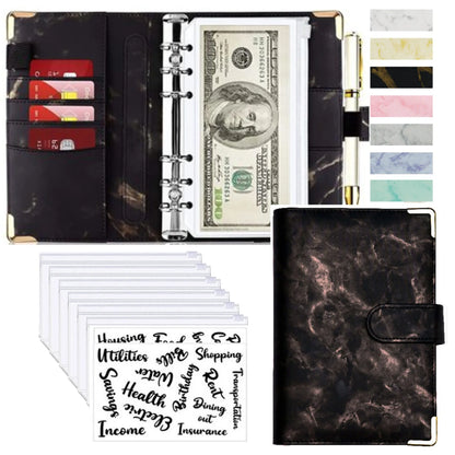 A6 Money Saving Organizer – PU Leather Budget Binder with Marble Notebook, 2023 Budget Planner, Envelope Office & School Supplies