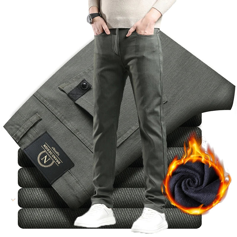Winter 2025 Men’s Fleece Pants – Thick Slim Fit Velvet Trousers, Warm Elastic Business Casual Plush Pants