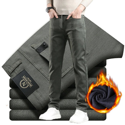 Winter 2025 Men’s Fleece Pants – Thick Slim Fit Velvet Trousers, Warm Elastic Business Casual Plush Pants