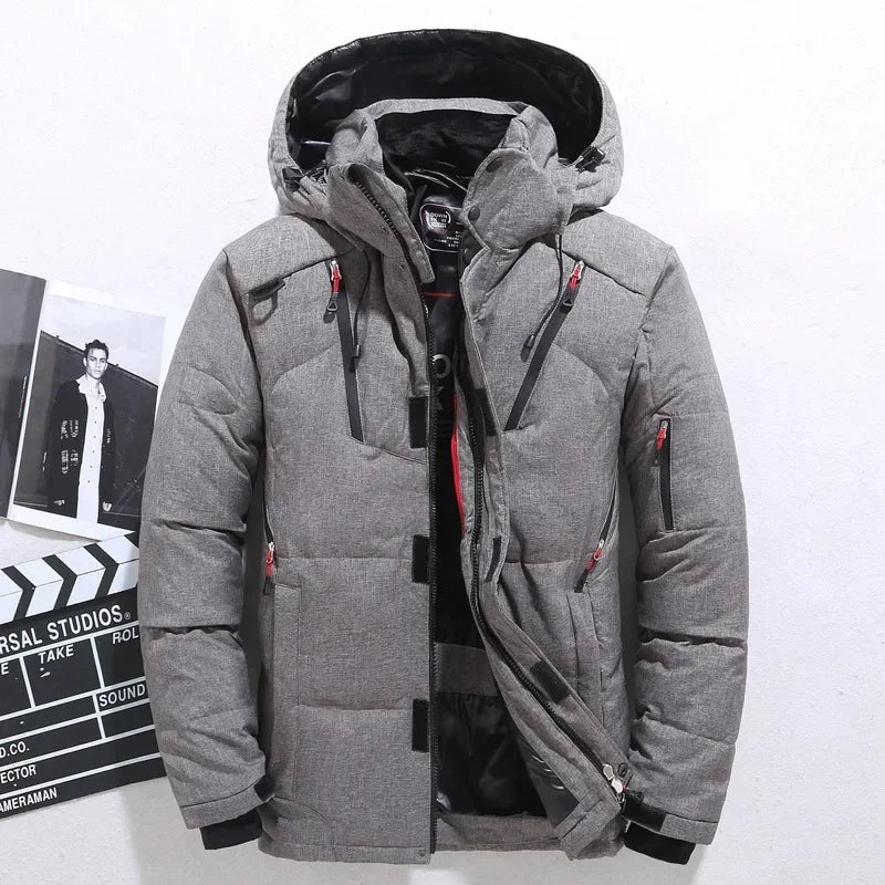 Men's Winter Hooded Puffer Jacket – White Duck Down Coat, Windproof & Warm Outdoor Parka, Size 5