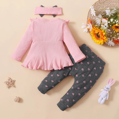Newborn Baby Girls Clothes Set – Pink Ruffle Top & Heart Print Bow Trousers, Princess Casual Outfit for Infants