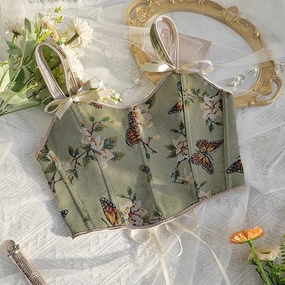 French Style Floral Corset Crop Cami – Bow Tie Lace-Up Spaghetti Strap Fitted Bustier Top for Women