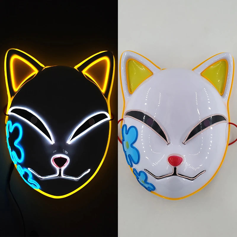 Glowing LED Fox Mask – Neon Japanese Anime-Inspired Samurai Cosplay Mask for Halloween, Christmas & Costume Parties