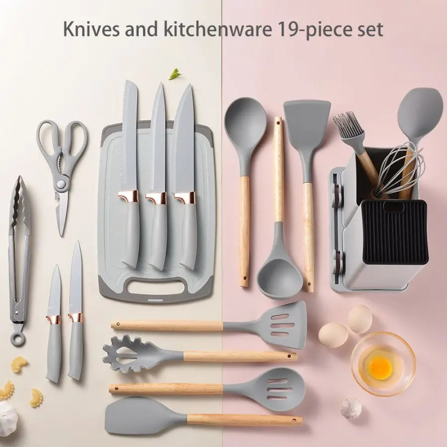 19-Piece Food Grade Silicone Kitchenware Set – Cooking Spoon, Shovel, Cutting Board, Fruit Knife & Chef Knife