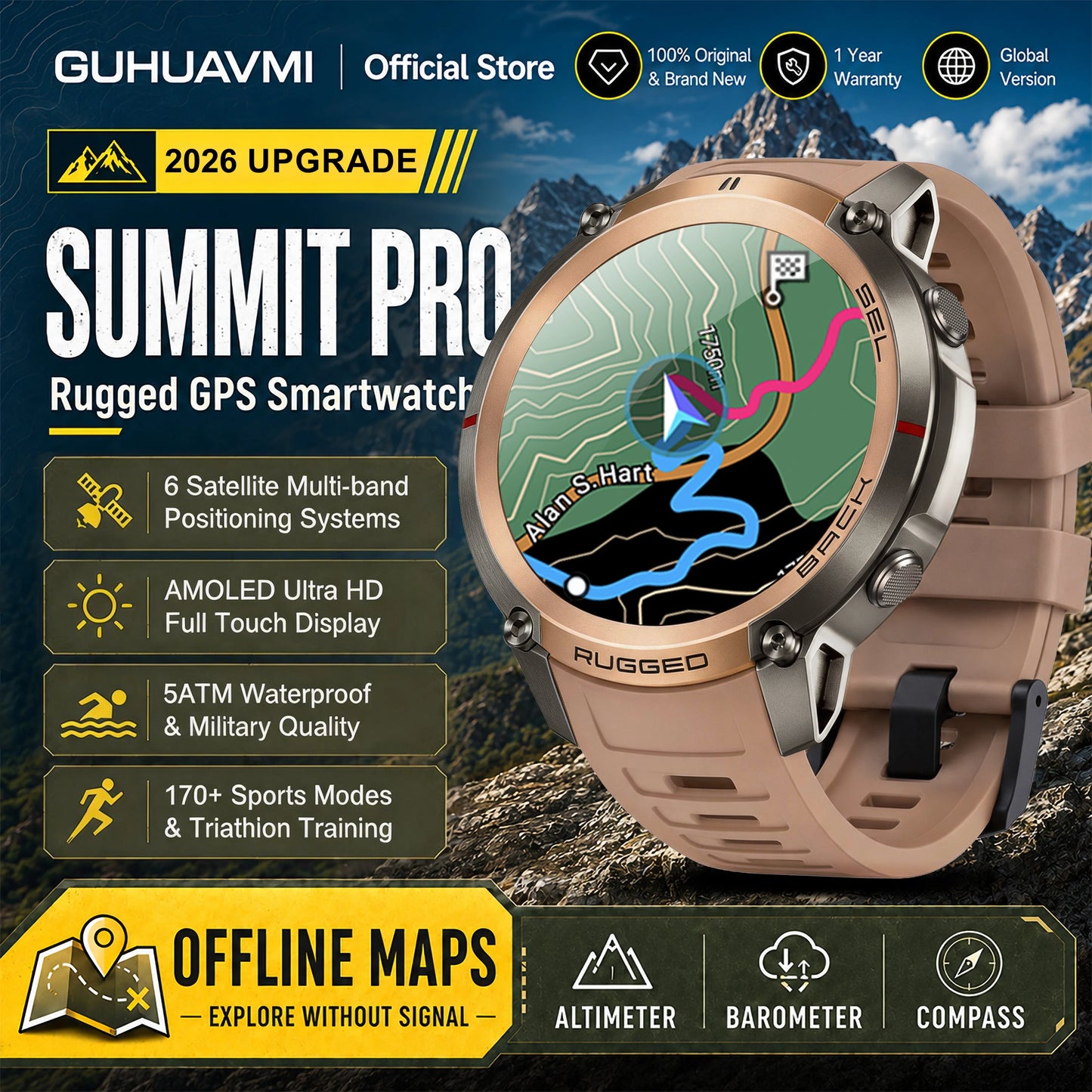 Military GPS Smartwatch for Men - 1.43" AMOLED Display, Bluetooth Calls, Compass, 5ATM Waterproof & 170+ Sports Modes