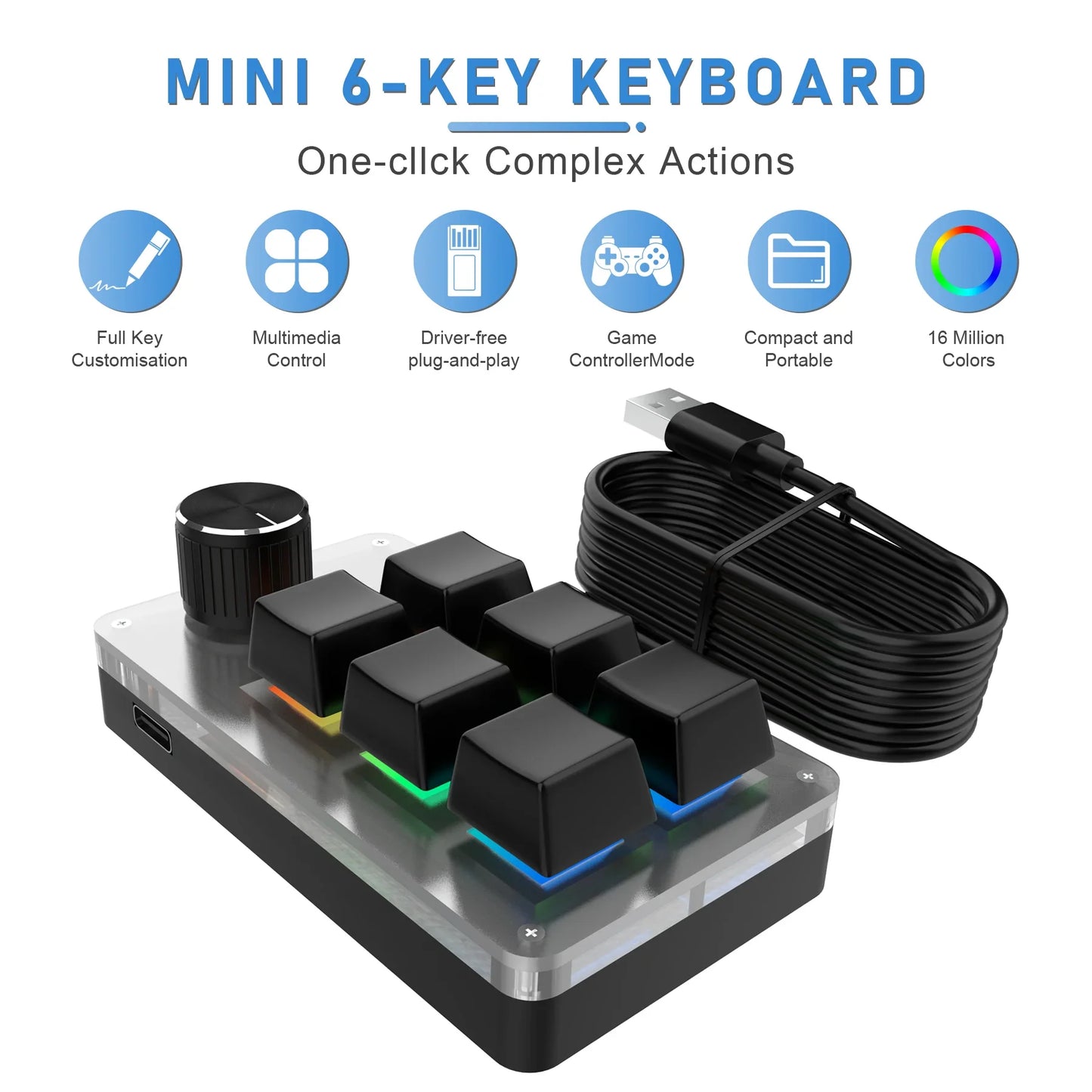 6-Key RGB Macro Programming Keyboard with Knob – Mini Mechanical Custom Gaming Keypad for Photoshop, Editing & Shortcuts