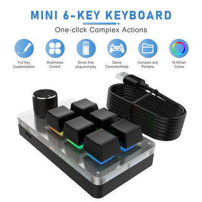 6-Key RGB Macro Programming Keyboard with Knob – Mini Mechanical Custom Gaming Keypad for Photoshop, Editing & Shortcuts
