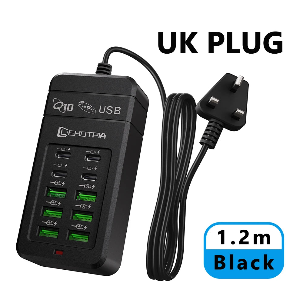 10-Port USB Fast Charger Adapter - EU UK US Plug Power Station with 6 USB-A & 4 USB-C Ports Extension Cord