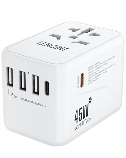 LENCENT International Travel Adapter - All-in-One Wall Charger with 3 USB Ports and 1 Type-C, for US, EU, UK, AUS Travel