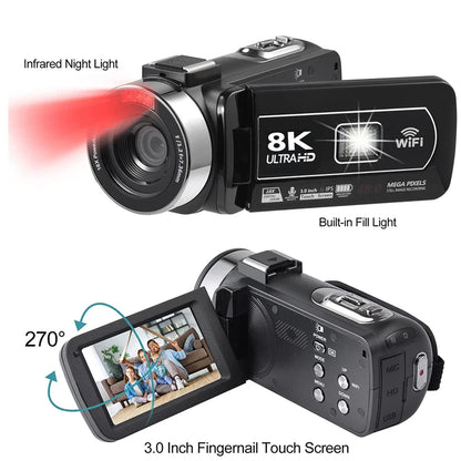 8K HD Video Camera – 3-Inch LCD Touch Screen, 18X Digital Zoom, Ultra HD, WIFI Portable Camcorder Recorder