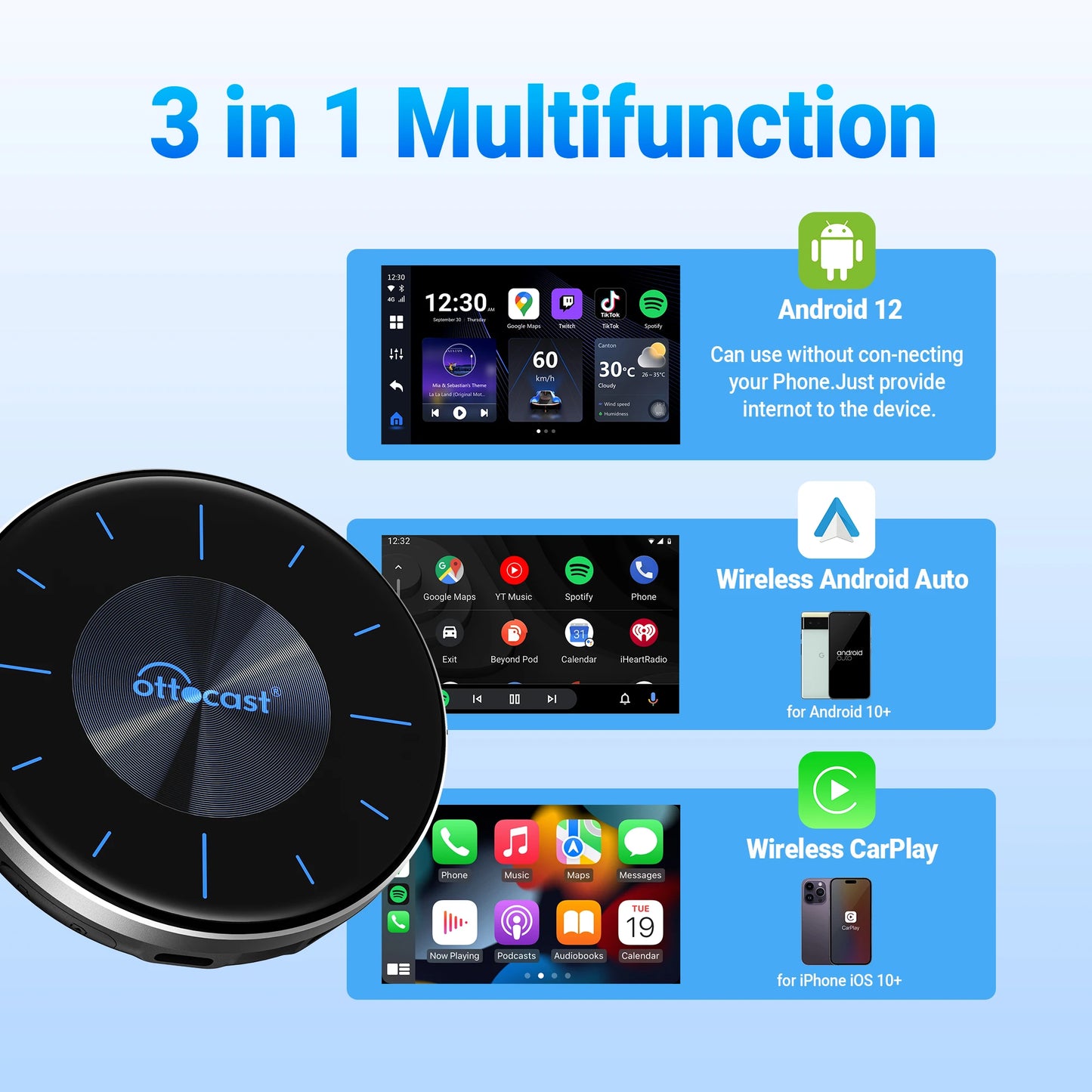 OttoAIBOX P3 CarPlay AI Box — Wireless Android Auto & Mini HDMI TV Box for Toyota, Kia, Hyundai, VW Car Accessories