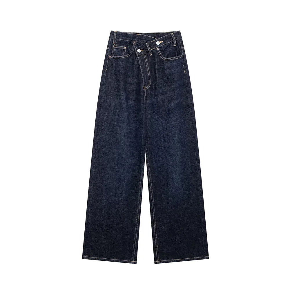 TRAF Women’s Basic Hundred Jeans — High Waist Asymmetric Wide-Leg Trousers, Casual Straight-Leg Fashion Jeans