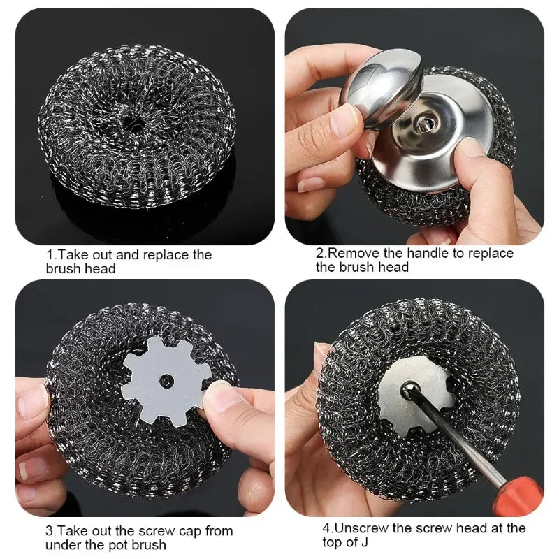 Stainless Steel Pot Brush with Handle – Heavy Duty Dishwashing Wire Ball for Pot & Pan Cleaning (5/1 Pcs)