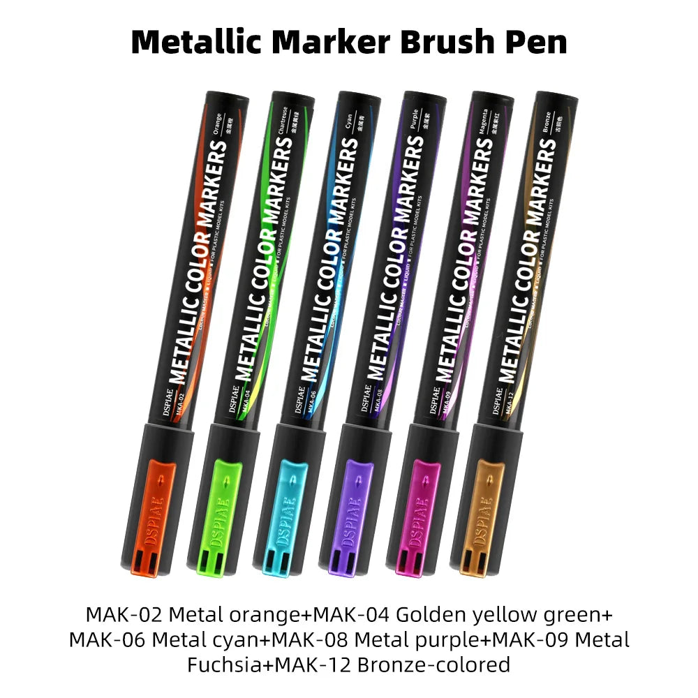 DSPIAE MKA Super Metallic Brush Pen – 12 Water-Based Colors with Soft Tip for Gundam & Mecha Model DIY Hobby