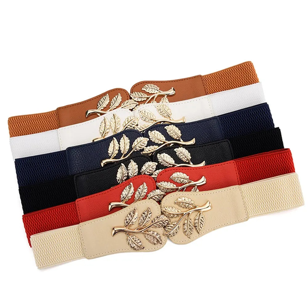 Women’s Wide Waist Belt – Gold Leaf Elastic with Double Hook Buckle, Fashionable Skirt Accessory