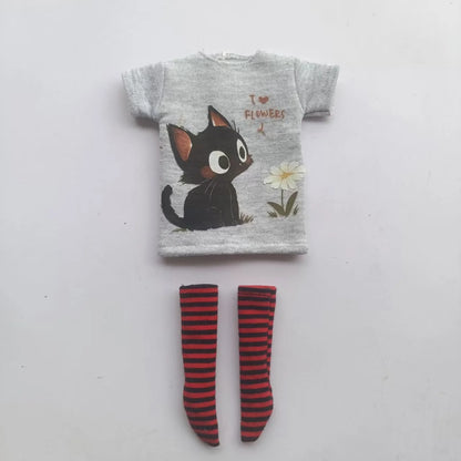 Handmade OB24 1/6 Blyth Doll Clothes – Cartoon T-Shirt with Striped Socks for 1/6 Doll Accessories