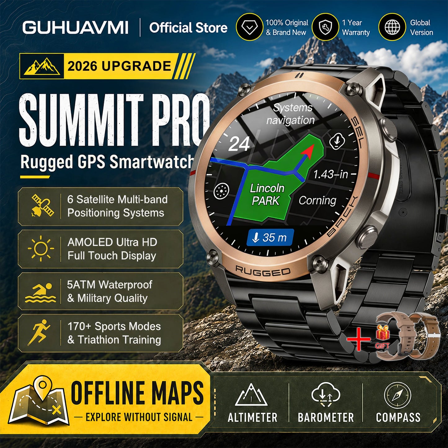 Military GPS Smartwatch for Men - 1.43" AMOLED Display, Bluetooth Calls, Compass, 5ATM Waterproof & 170+ Sports Modes