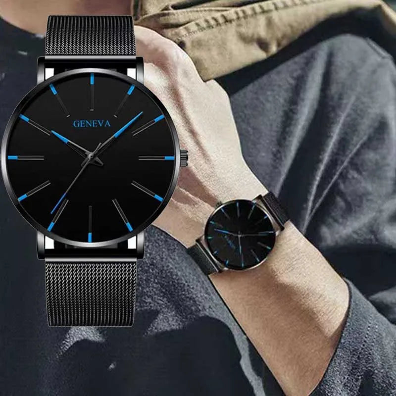 Men’s Luxury Quartz Watch – Fashion Slim Mesh Steel Waterproof Sport & Casual Wristwatch