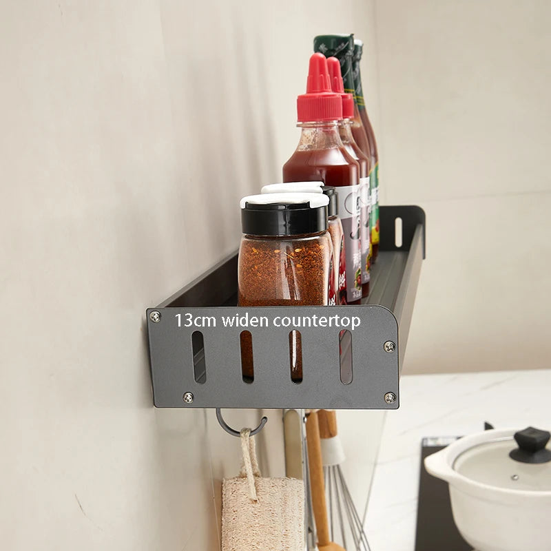 Wall-Mounted Kitchen Spice Rack Organizer with Hanging Hooks – Kitchen Storage Shelf for Condiments