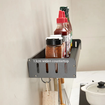 Wall-Mounted Kitchen Spice Rack Organizer with Hanging Hooks – Kitchen Storage Shelf for Condiments