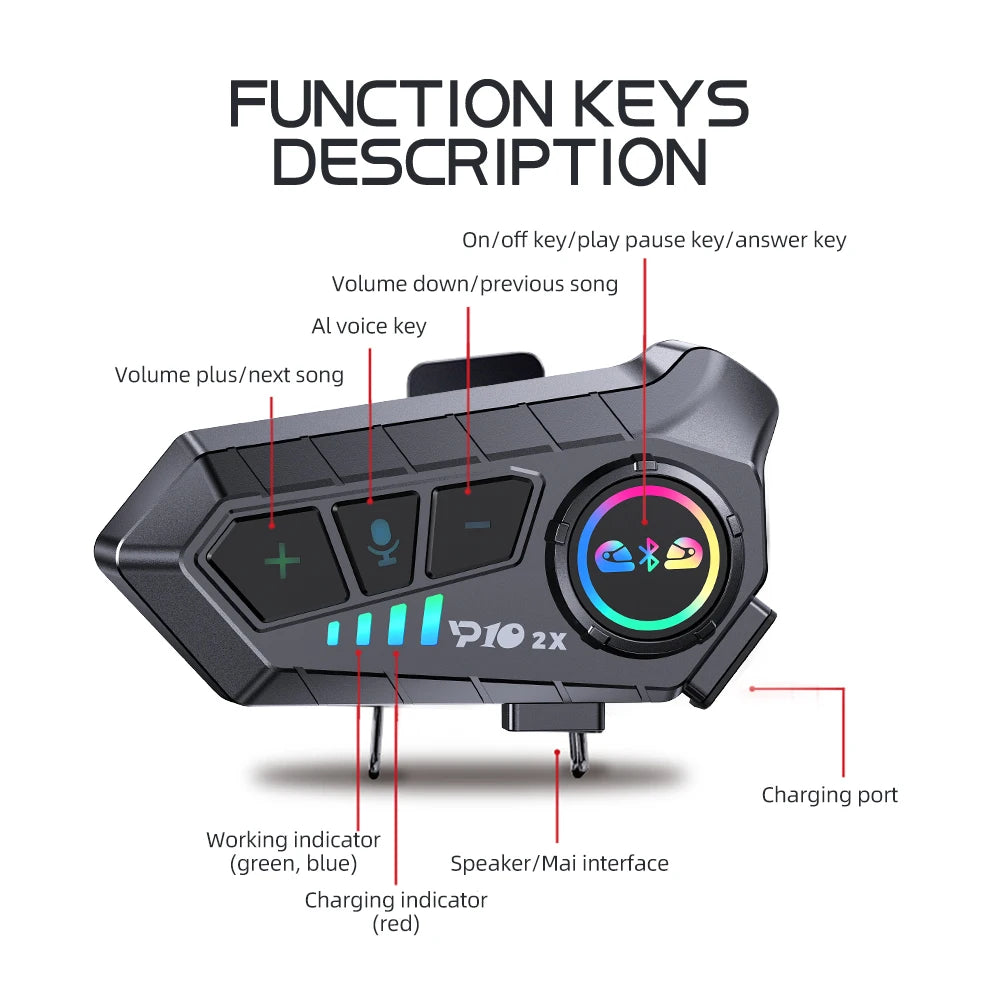 Kebidumei YP10 2X Wireless Bluetooth 5.3 Motorcycle Helmet Intercom – Waterproof Headset with 300m Range Speaker Earphones