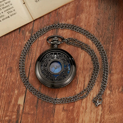 Starry Blue Dial Quartz Pocket Watch - Black & Silver Hollow Pendant Watch with Roman Numerals for Men, Women & Kids