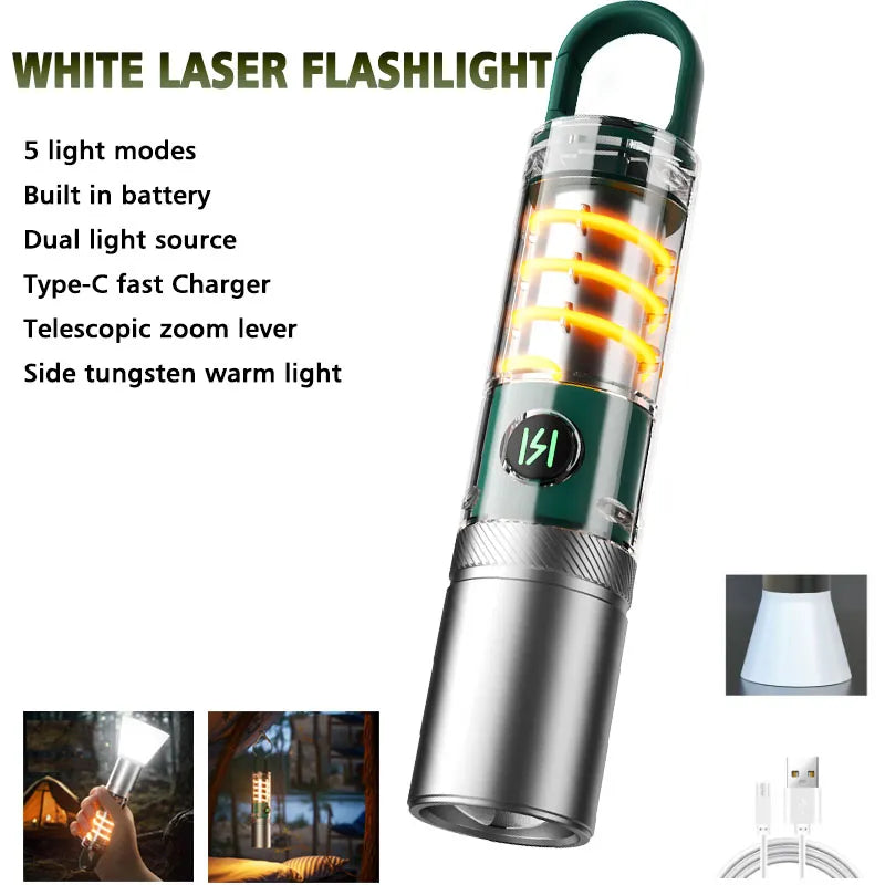 White Laser Flashlight: Internal 18650 Rechargeable Torch with 5 Modes, Zoom, and Hanging Hook - Perfect for Camping