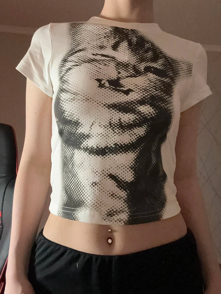 Harajuku Animal Print Crop Top - Women’s Y2K Vintage White Short Sleeve Slim Fit Casual T-Shirt