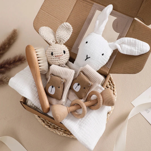 Newborn Baby Bath Gift Set - Cotton Blanket, Saliva Towel, Rattle Toy & Soft Brush Kit